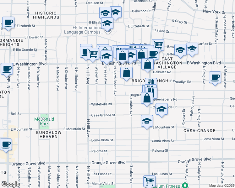 map of restaurants, bars, coffee shops, grocery stores, and more near in Pasadena