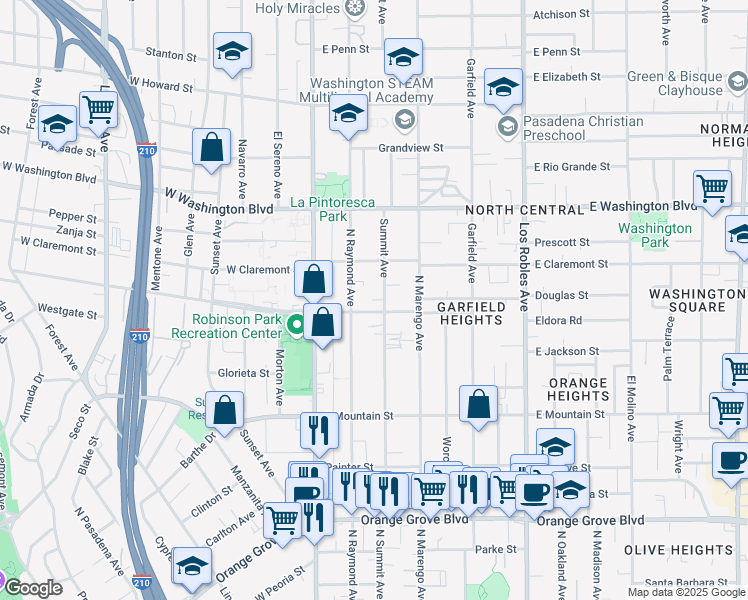 map of restaurants, bars, coffee shops, grocery stores, and more near 1140 North Summit Avenue in Pasadena