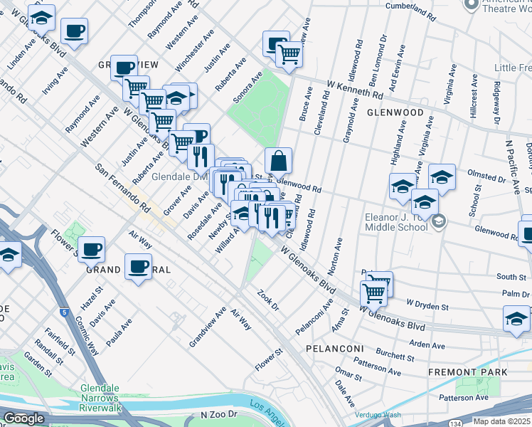 map of restaurants, bars, coffee shops, grocery stores, and more near 1214 Grandview Avenue in Glendale