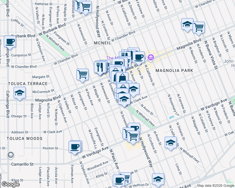map of restaurants, bars, coffee shops, grocery stores, and more near 850 North Screenland Drive in Burbank