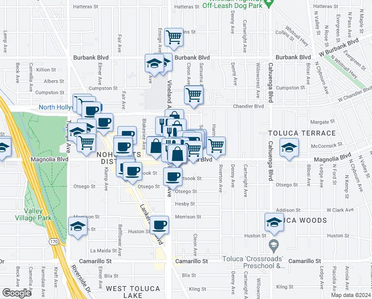 map of restaurants, bars, coffee shops, grocery stores, and more near 5219 Craner Avenue in Los Angeles