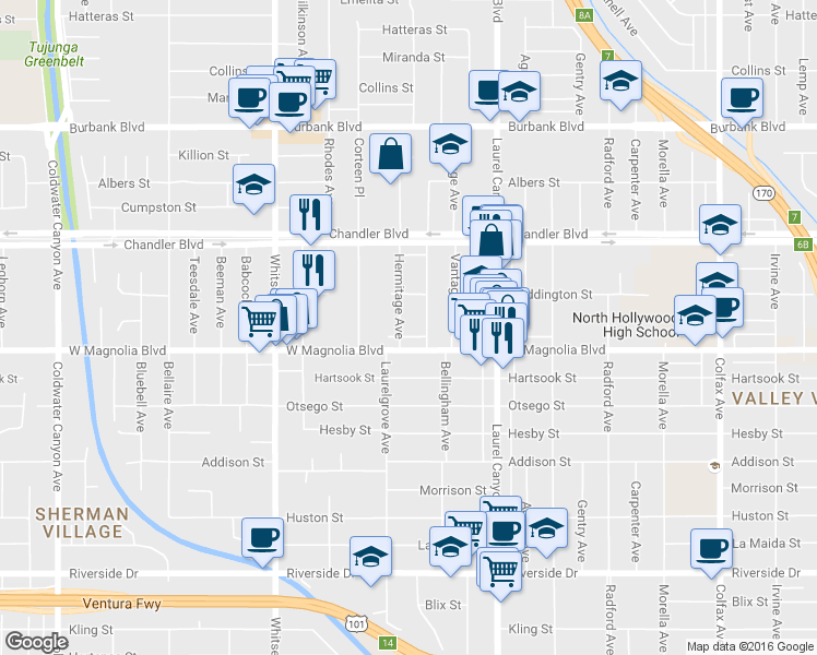 map of restaurants, bars, coffee shops, grocery stores, and more near 12230 West Magnolia Boulevard in Los Angeles