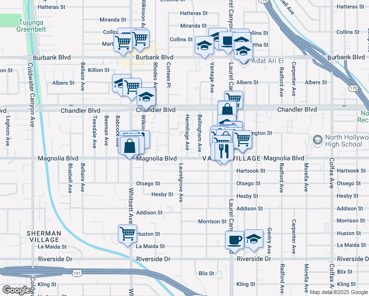 map of restaurants, bars, coffee shops, grocery stores, and more near 5224 Corteen Place in Los Angeles