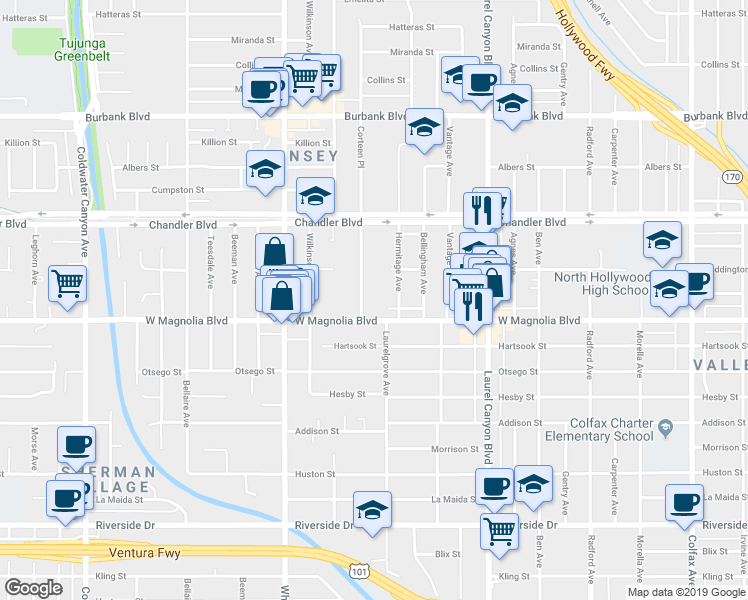 map of restaurants, bars, coffee shops, grocery stores, and more near 5224 Corteen Place in Los Angeles