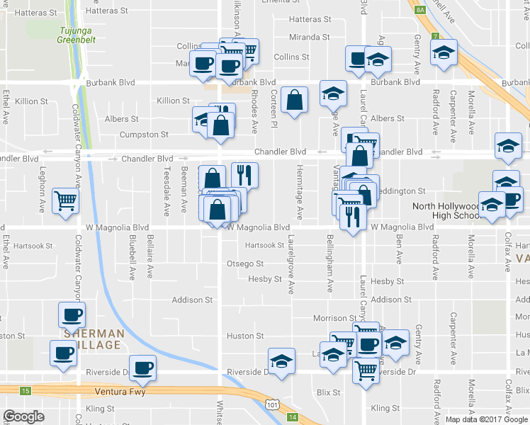 map of restaurants, bars, coffee shops, grocery stores, and more near 5223 Corteen Place in Los Angeles