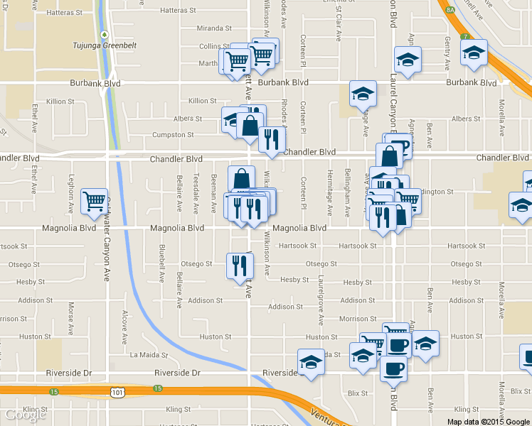 map of restaurants, bars, coffee shops, grocery stores, and more near 5218 Wilkinson Avenue in Los Angeles
