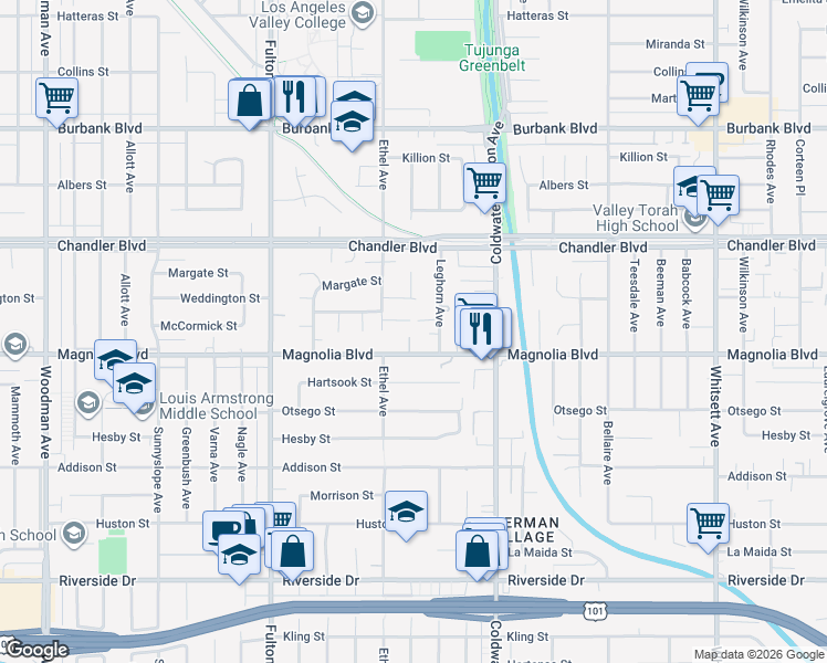 map of restaurants, bars, coffee shops, grocery stores, and more near 13039 Magnolia Boulevard in Los Angeles