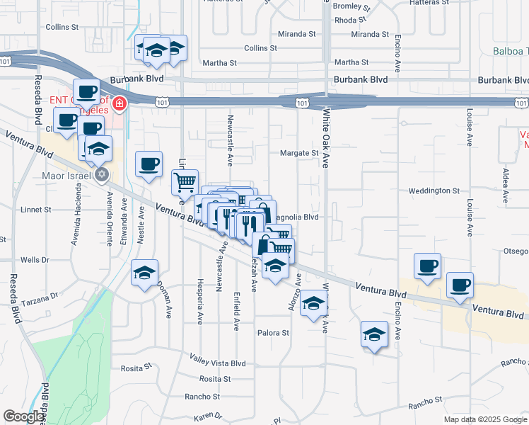 map of restaurants, bars, coffee shops, grocery stores, and more near 17919 West Magnolia Boulevard in Los Angeles