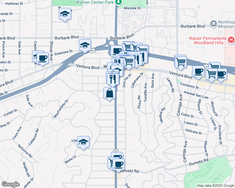 map of restaurants, bars, coffee shops, grocery stores, and more near 5245 Don Pio Drive in Los Angeles