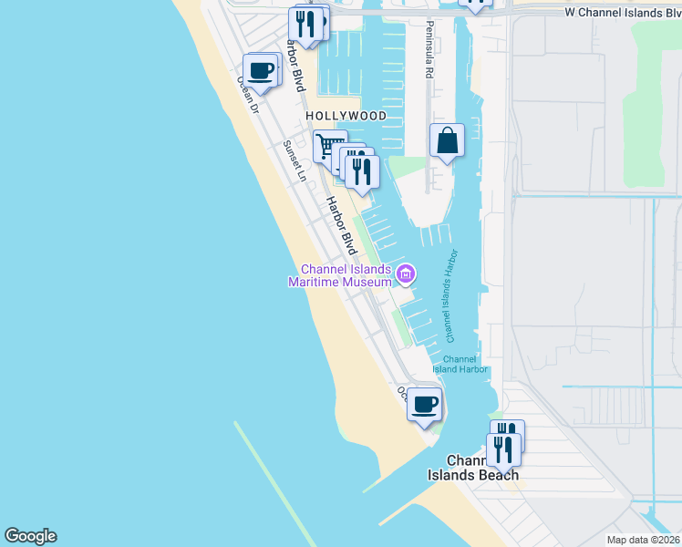 map of restaurants, bars, coffee shops, grocery stores, and more near 3529 Sunset Lane in Oxnard