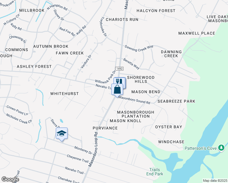 map of restaurants, bars, coffee shops, grocery stores, and more near 4037 Masonboro Loop Road in Wilmington