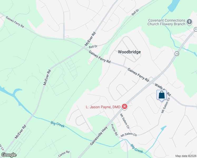 map of restaurants, bars, coffee shops, grocery stores, and more near 6157 Gaines Ferry Road in Flowery Branch