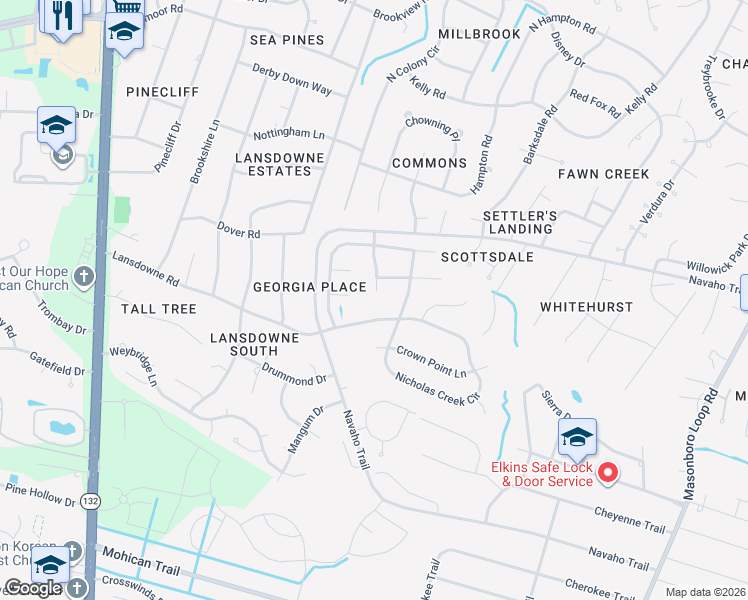 map of restaurants, bars, coffee shops, grocery stores, and more near 4220 Crockette Road in Wilmington