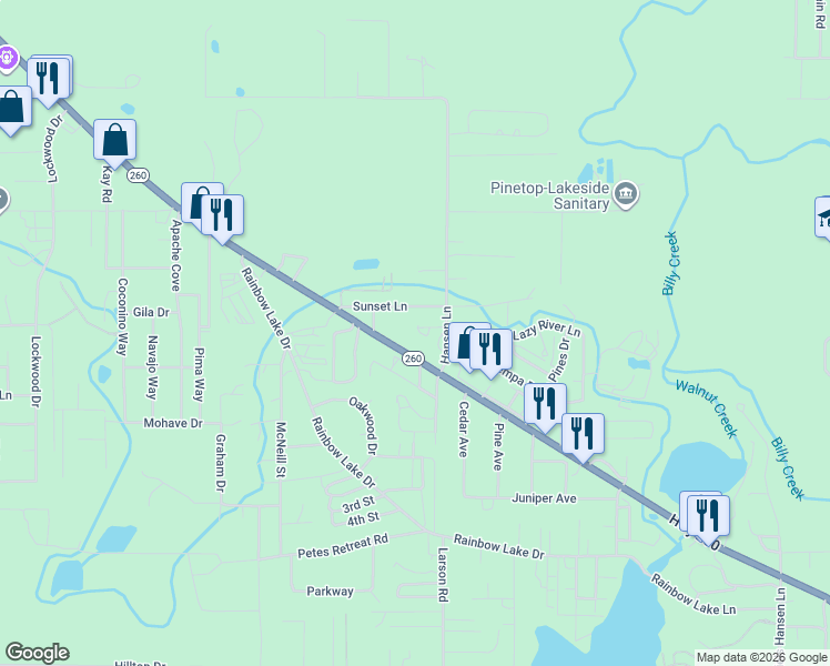 map of restaurants, bars, coffee shops, grocery stores, and more near 2714 Hansen Lane in Lake of the Woods