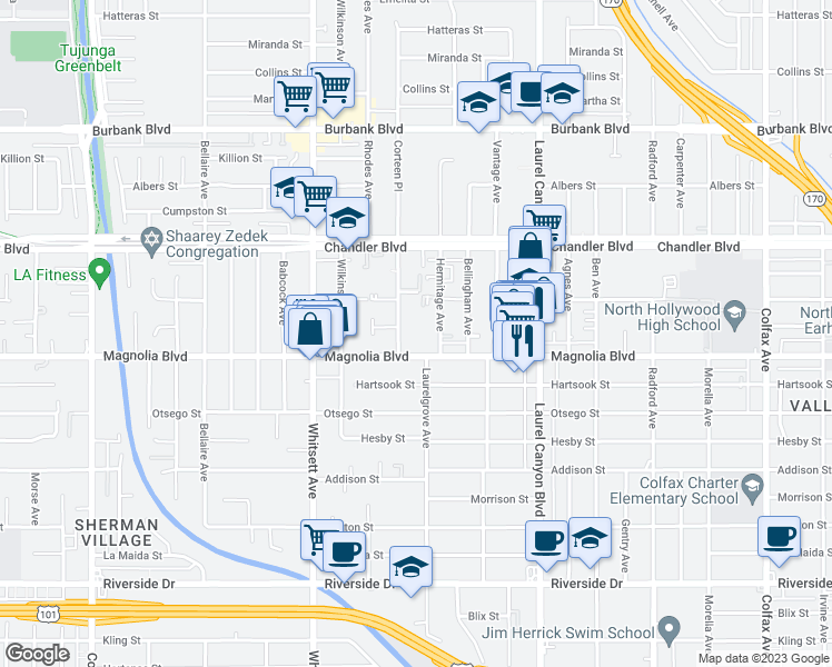 map of restaurants, bars, coffee shops, grocery stores, and more near 5224 Corteen Place in Los Angeles