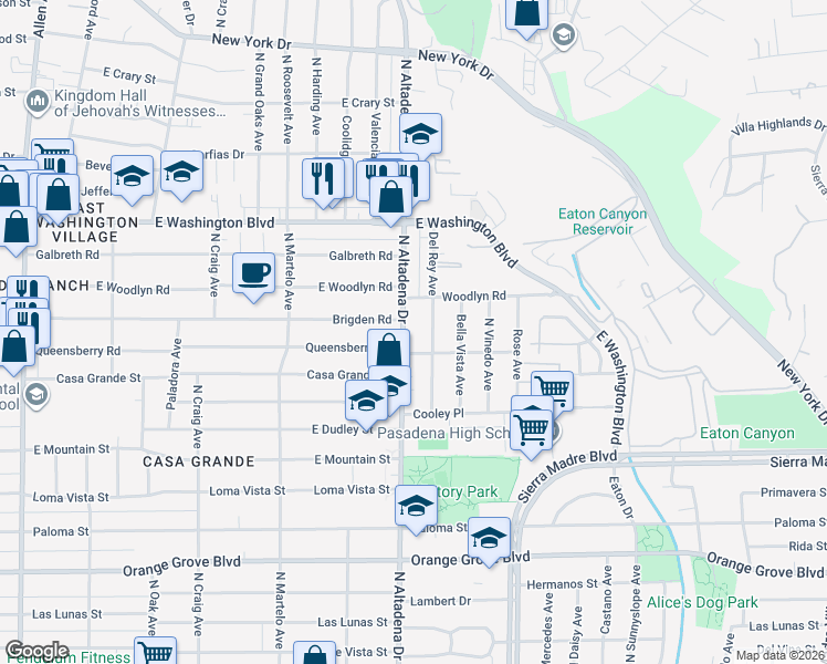 map of restaurants, bars, coffee shops, grocery stores, and more near 1118 North Altadena Drive in Pasadena