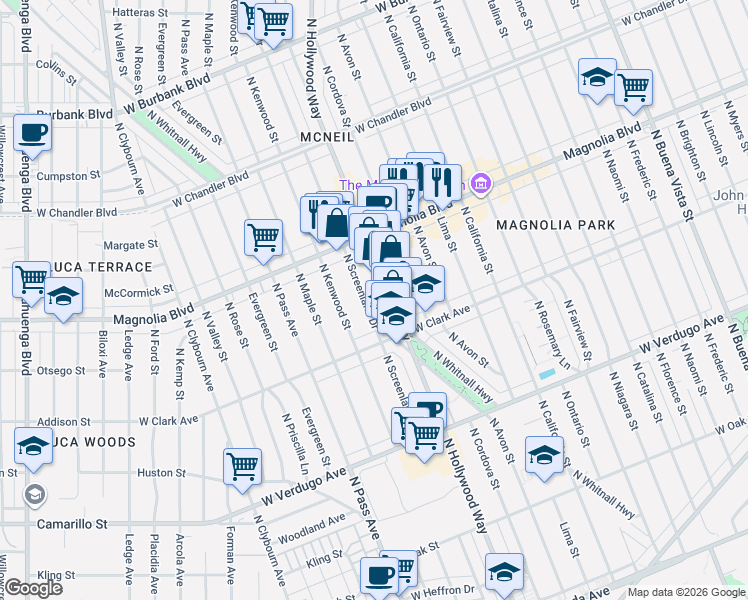 map of restaurants, bars, coffee shops, grocery stores, and more near 850 North Screenland Drive in Burbank