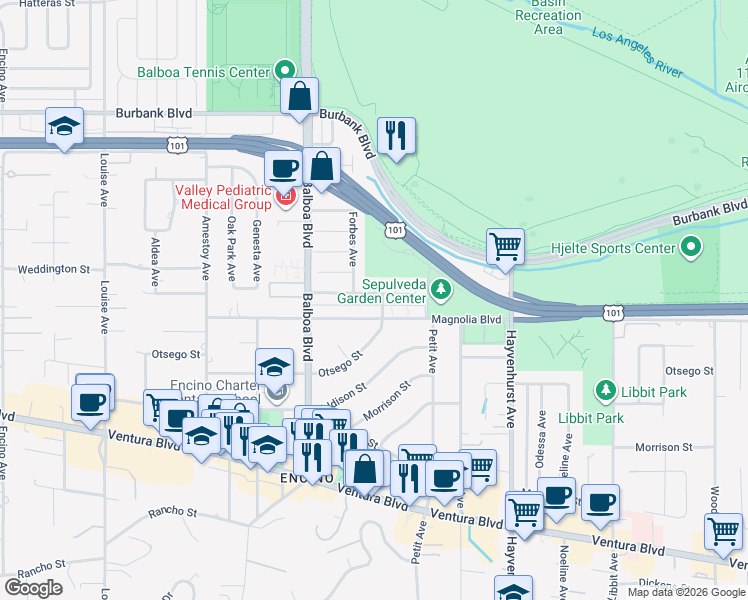 map of restaurants, bars, coffee shops, grocery stores, and more near 16742 McCormick Street in Los Angeles