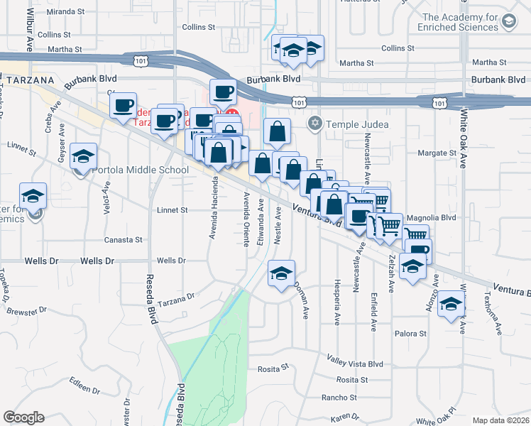 map of restaurants, bars, coffee shops, grocery stores, and more near 5203 Nestle Avenue in Los Angeles