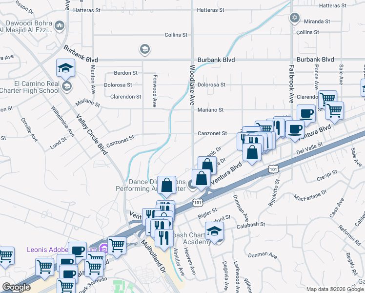 map of restaurants, bars, coffee shops, grocery stores, and more near 23249 Gonzales Drive in Los Angeles