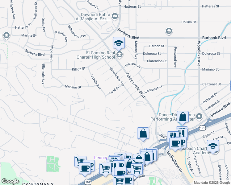 map of restaurants, bars, coffee shops, grocery stores, and more near 23750 Lund Street in Los Angeles