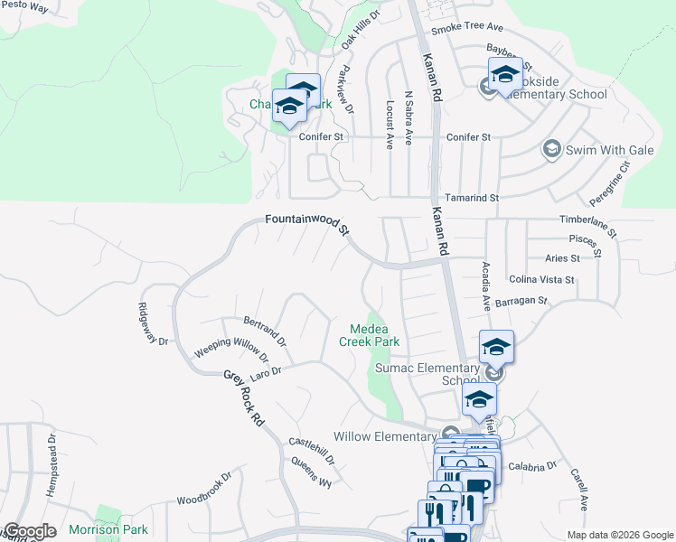 map of restaurants, bars, coffee shops, grocery stores, and more near 6243 Shadycreek Drive in Agoura Hills