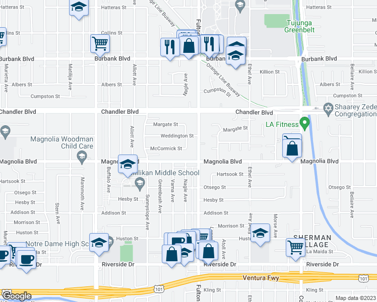 map of restaurants, bars, coffee shops, grocery stores, and more near 5220 Nagle Avenue in Los Angeles