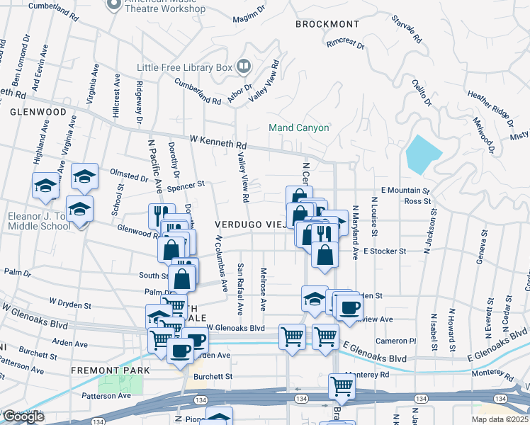 map of restaurants, bars, coffee shops, grocery stores, and more near 245 West Loraine Street in Glendale