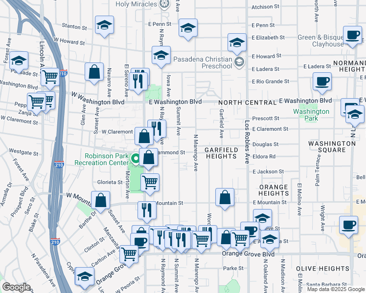 map of restaurants, bars, coffee shops, grocery stores, and more near 1140 North Summit Avenue in Pasadena