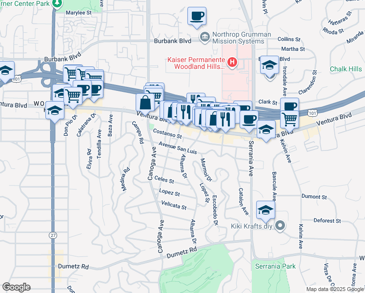 map of restaurants, bars, coffee shops, grocery stores, and more near 21211 Avenue San Luis in Los Angeles