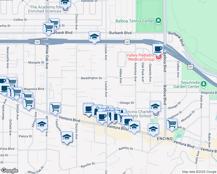 map of restaurants, bars, coffee shops, grocery stores, and more near 5200 Louise Avenue in Los Angeles