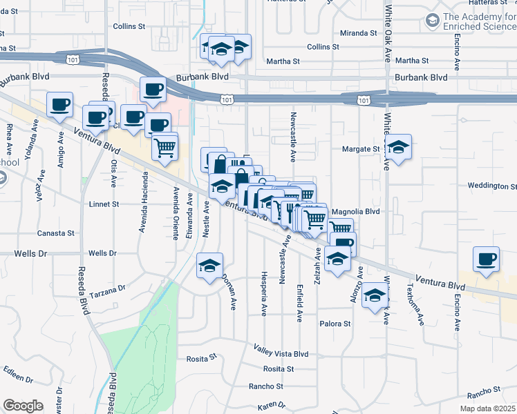 map of restaurants, bars, coffee shops, grocery stores, and more near 18081 Ventura Boulevard in Los Angeles