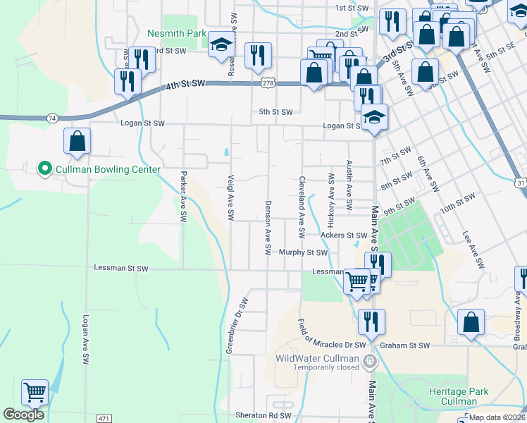 map of restaurants, bars, coffee shops, grocery stores, and more near 815 Denson Avenue Southwest in Cullman