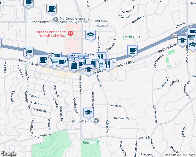 map of restaurants, bars, coffee shops, grocery stores, and more near 5225 Kelvin Avenue in Los Angeles
