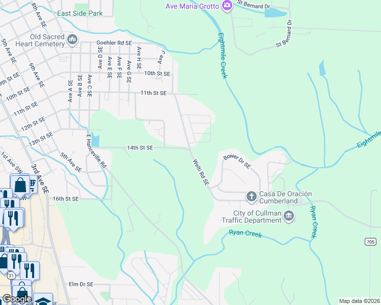 map of restaurants, bars, coffee shops, grocery stores, and more near 1219 Welti Road Southeast in Cullman