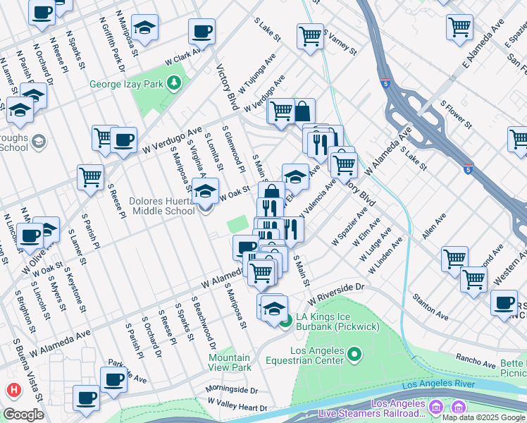 map of restaurants, bars, coffee shops, grocery stores, and more near 639 South Glenwood Place in Burbank
