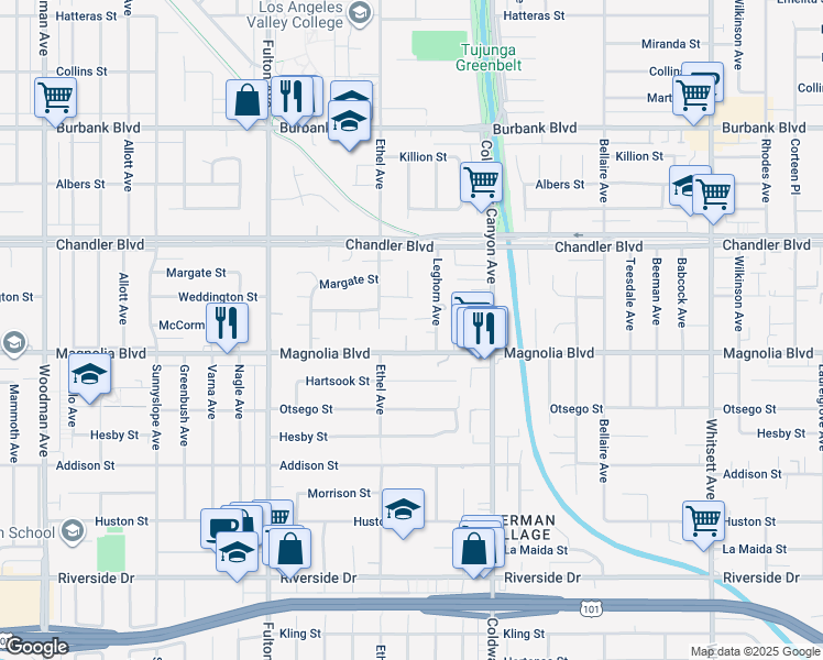 map of restaurants, bars, coffee shops, grocery stores, and more near 13039 Magnolia Boulevard in Los Angeles