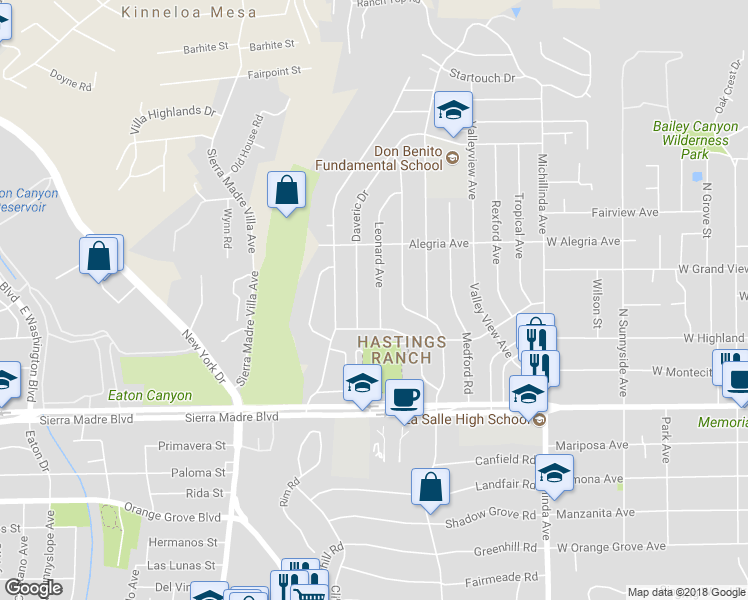 map of restaurants, bars, coffee shops, grocery stores, and more near 1125 Leonard Avenue in Pasadena