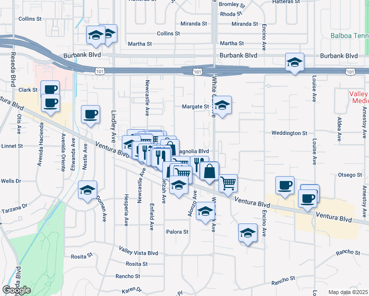 map of restaurants, bars, coffee shops, grocery stores, and more near 17817 West Magnolia Boulevard in Los Angeles