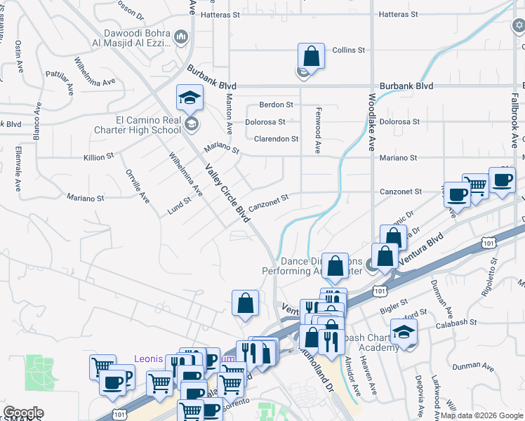 map of restaurants, bars, coffee shops, grocery stores, and more near 23508 Canzonet Street in Los Angeles