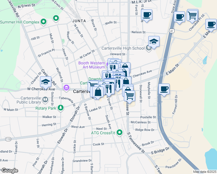 map of restaurants, bars, coffee shops, grocery stores, and more near 11 North Public Square in Cartersville