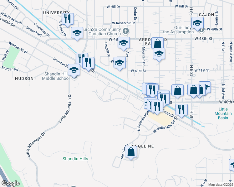 map of restaurants, bars, coffee shops, grocery stores, and more near 1265 Kendall Drive in San Bernardino