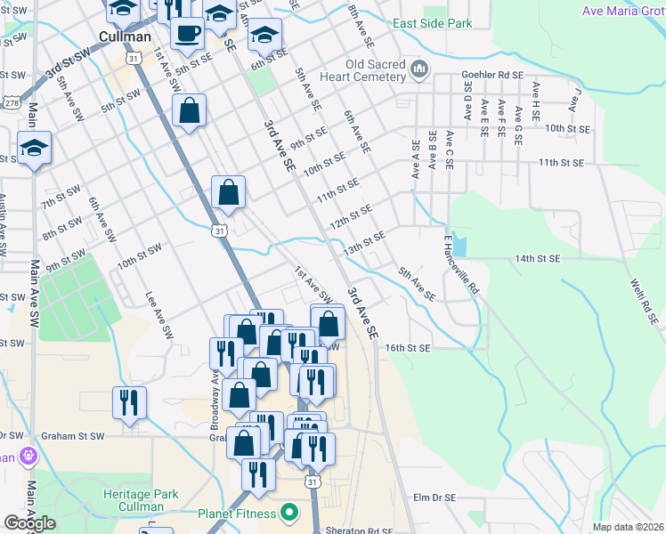 map of restaurants, bars, coffee shops, grocery stores, and more near 1303 3rd Avenue Southeast in Cullman