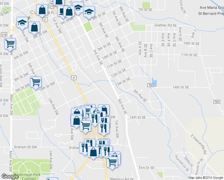 map of restaurants, bars, coffee shops, grocery stores, and more near 1303 3rd Avenue Southeast in Cullman