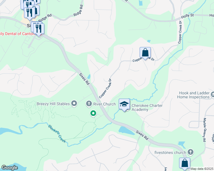 map of restaurants, bars, coffee shops, grocery stores, and more near 1025 Copper Creek Drive in Canton
