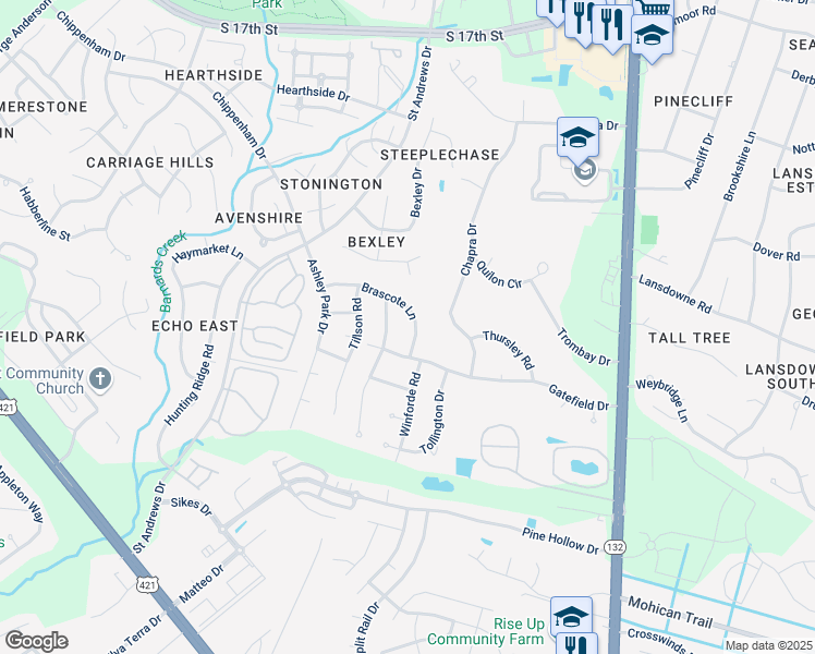 map of restaurants, bars, coffee shops, grocery stores, and more near 208 Brascote Ln in Wilmington