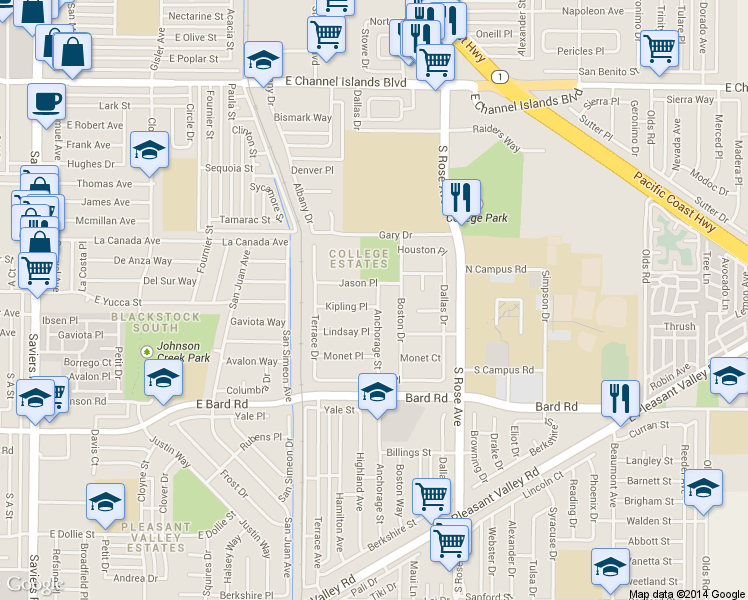 map of restaurants, bars, coffee shops, grocery stores, and more near 1321 Kipling Place in Oxnard