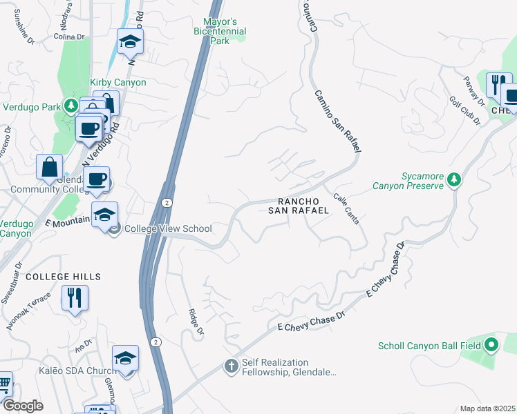map of restaurants, bars, coffee shops, grocery stores, and more near 936 Calle Simpatico in Glendale