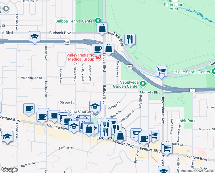 map of restaurants, bars, coffee shops, grocery stores, and more near 16830 McCormick Street in Los Angeles