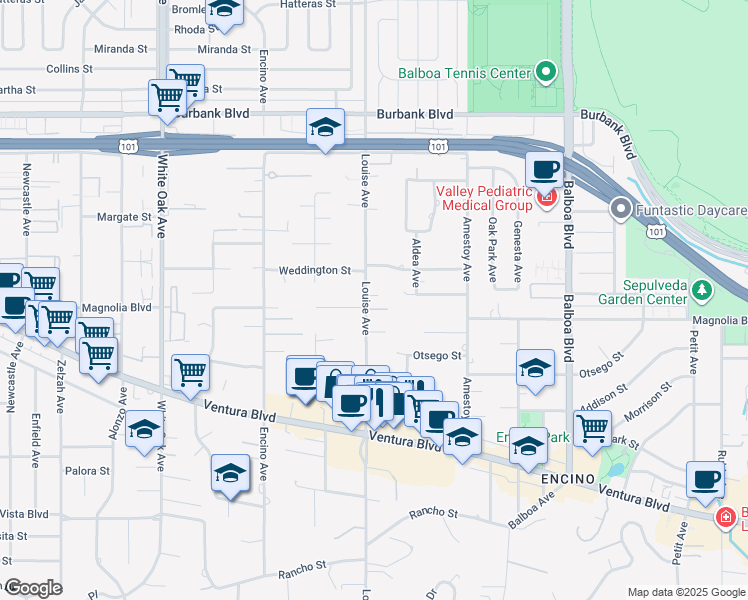 map of restaurants, bars, coffee shops, grocery stores, and more near 5200 Louise Avenue in Los Angeles